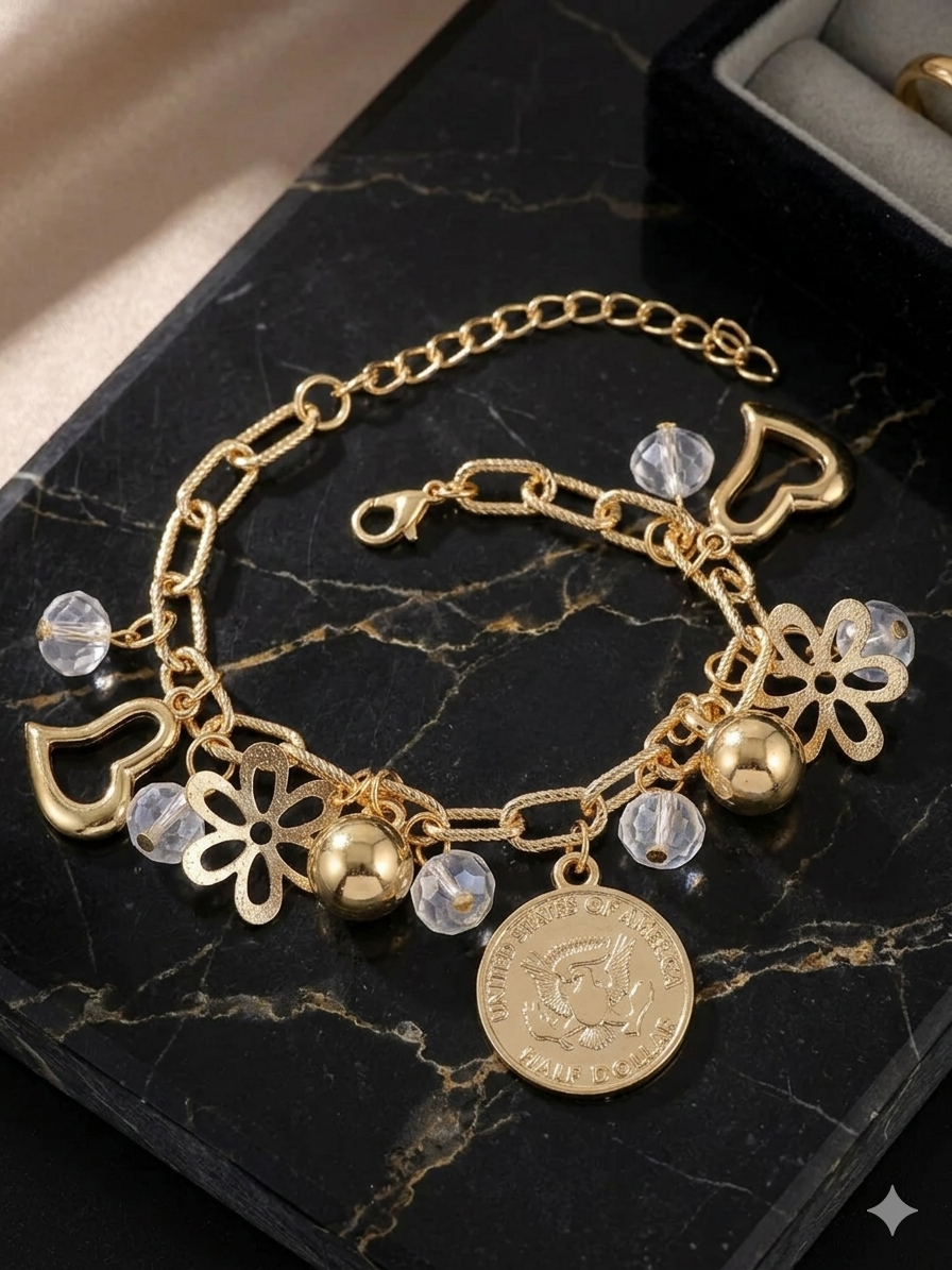 Gold Charm Bracelet – Hearts, Flowers & Crystal Beads