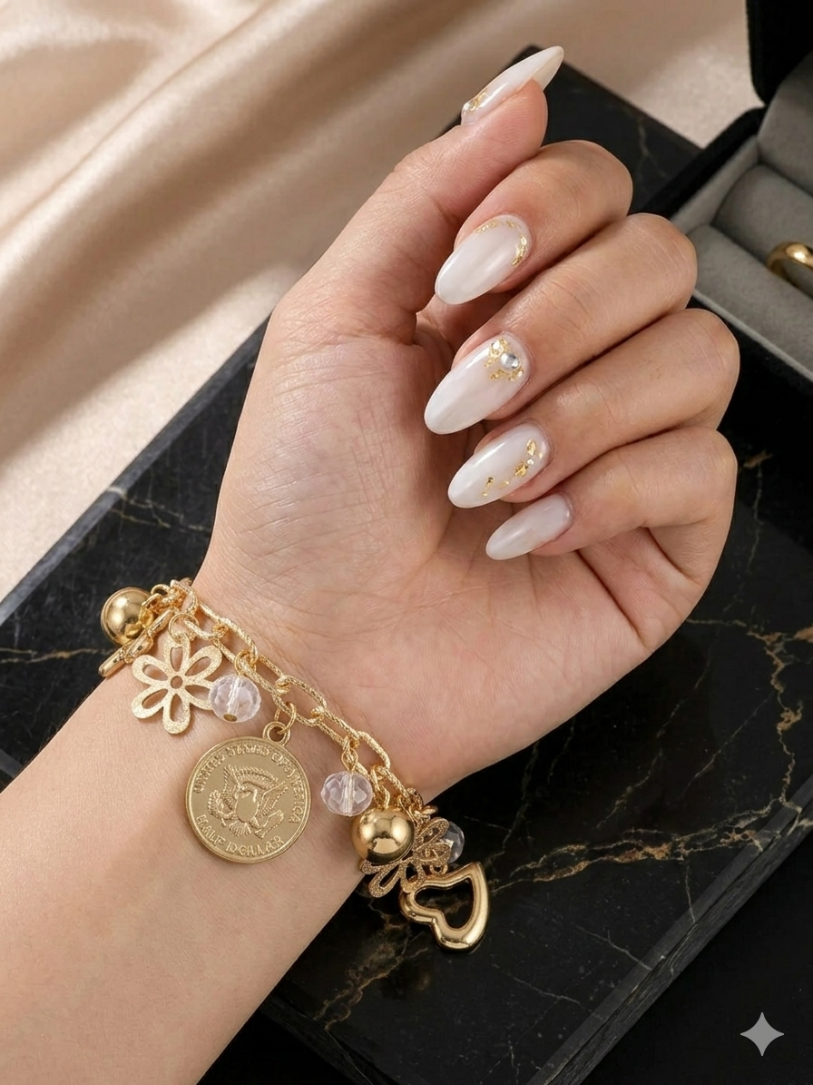 Gold Charm Bracelet – Hearts, Flowers & Crystal Beads
