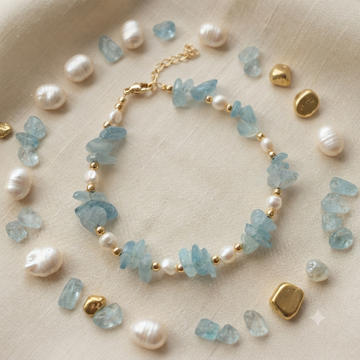 Close-up of aquamarine chip and freshwater pearl bracelet on white background