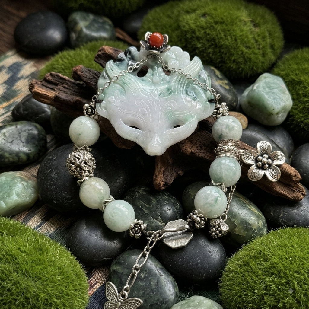 52mm Fox Carved Head Water Jade Bracelet with Silver Accents – 6" + 2" Extender