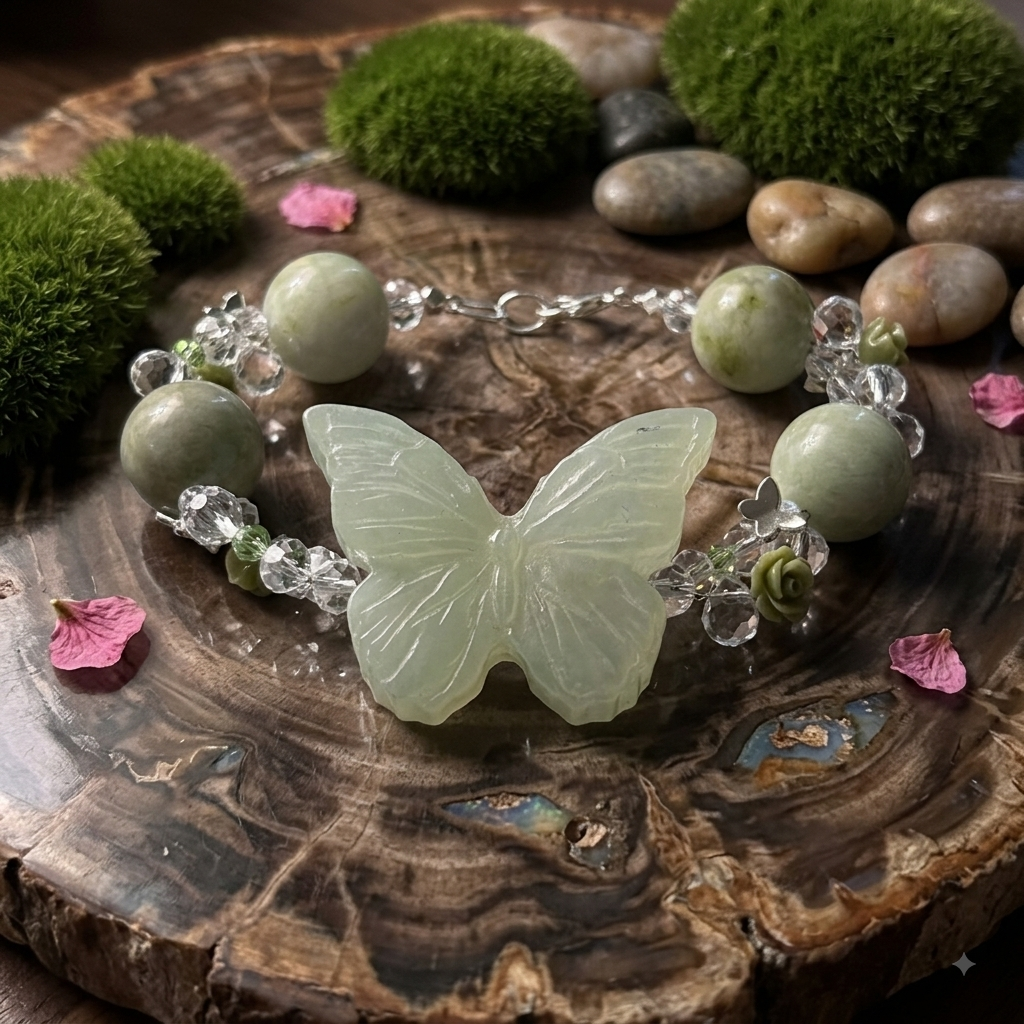 Jade Butterfly Bracelet with Crystal Beads