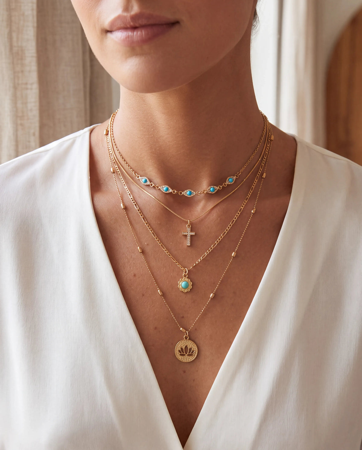 Turquoise & Gold Layered Necklace Set