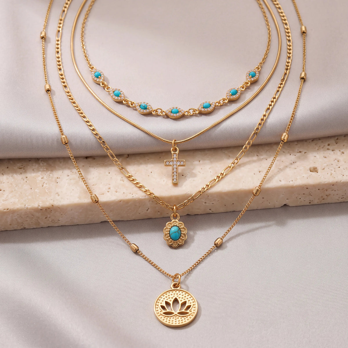 Turquoise & Gold Layered Necklace Set