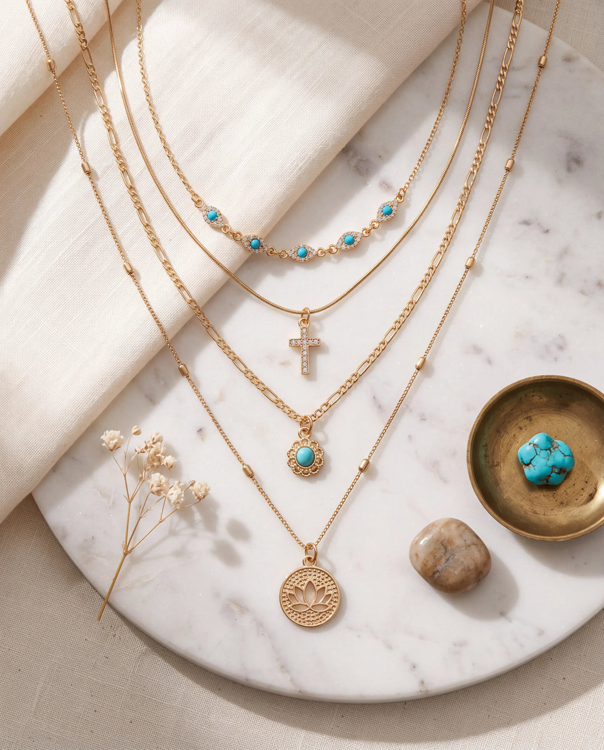 Turquoise & Gold Layered Necklace Set