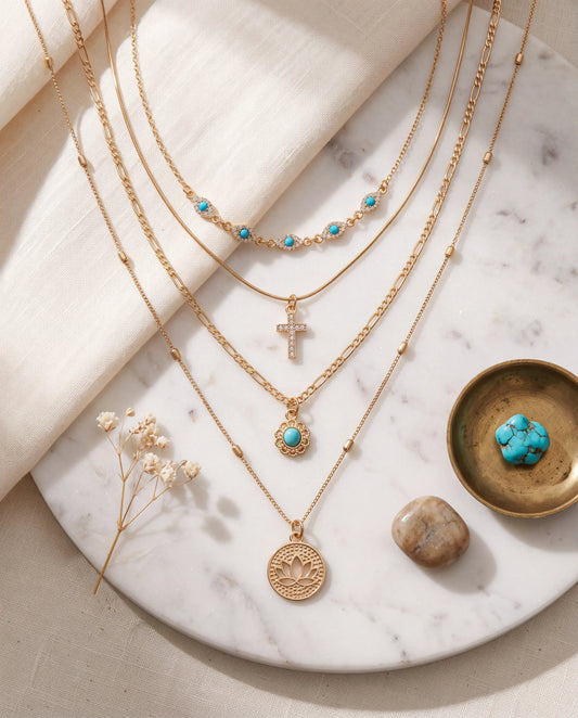 Turquoise & Gold Layered Necklace Set