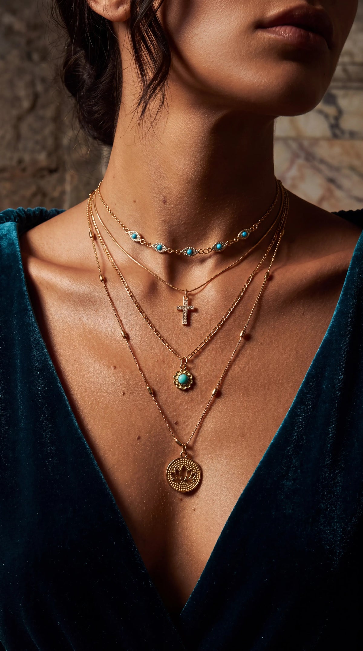 Turquoise & Gold Layered Necklace Set