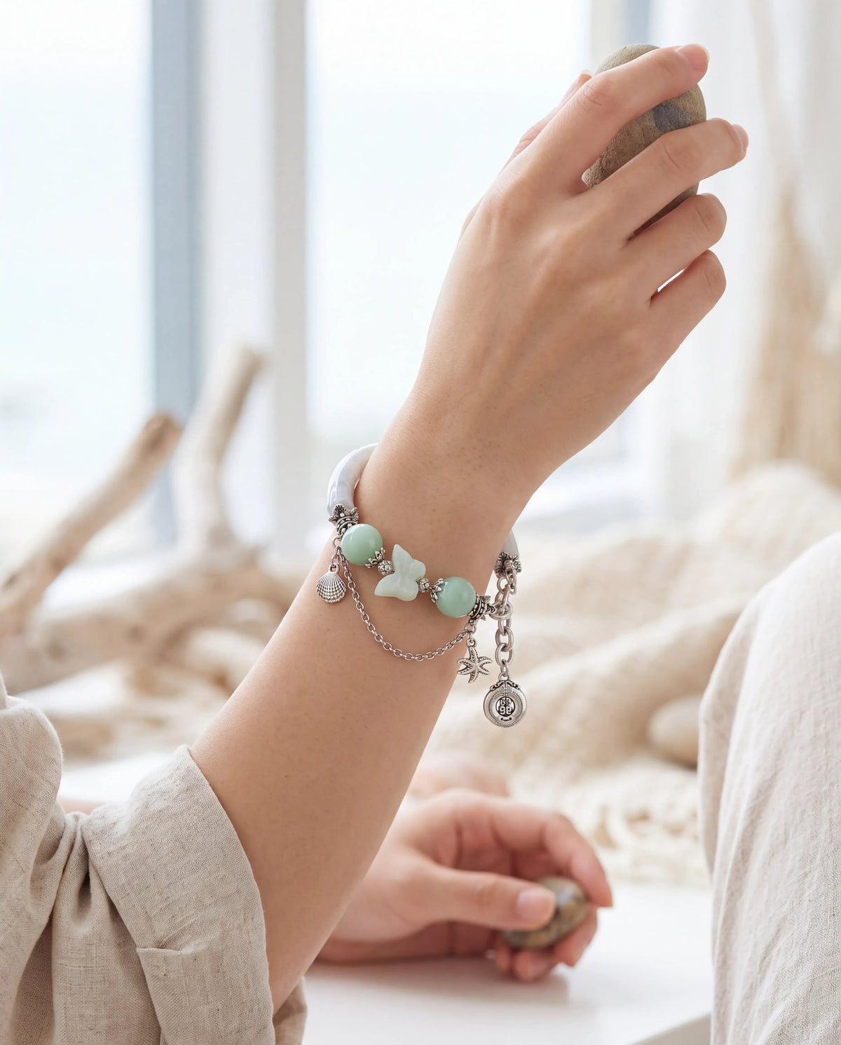Ocean Whisper Jade Charm Bangle – 16cm