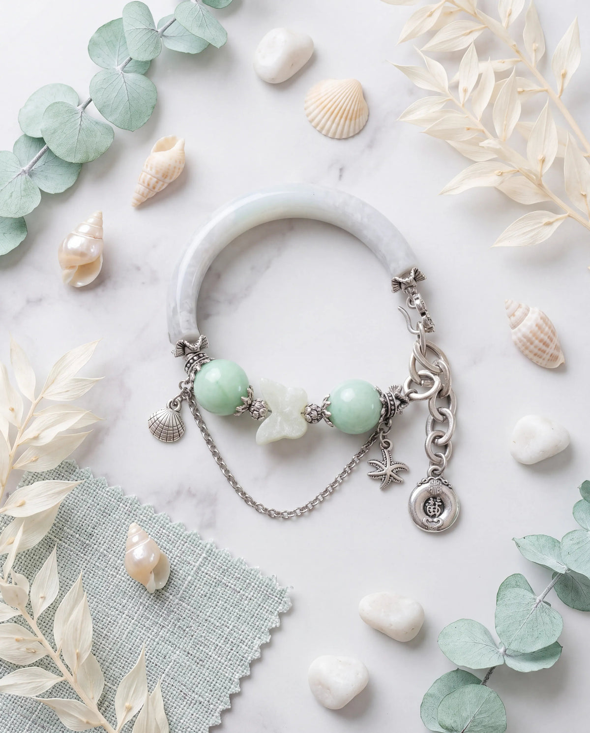 Ocean Whisper Jade Charm Bangle – 16cm