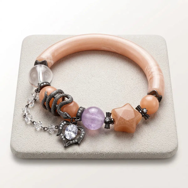 Peach Moonstone, Clear Quartz & Amethyst Snake Bangle Bracelet | 6 Inches