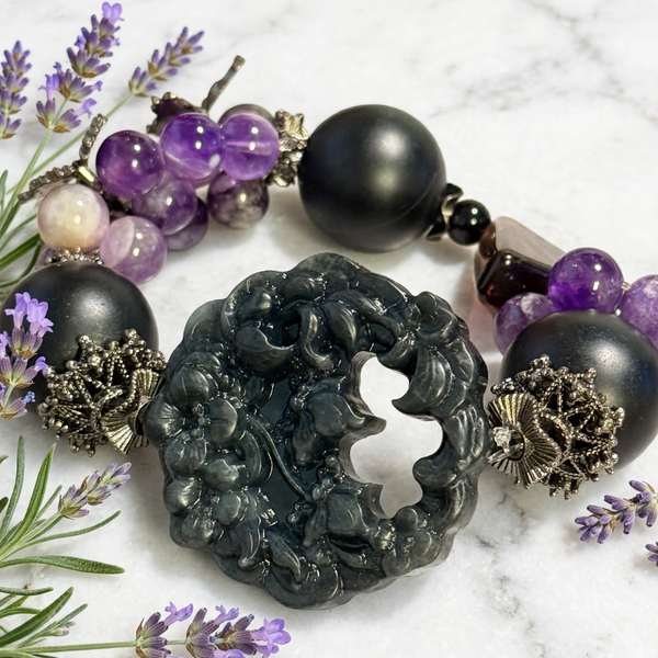 Amethyst & Smoky Quartz Bracelet with Matte Black Onyx and Carved Obsidian Butterfly, 5.5 in