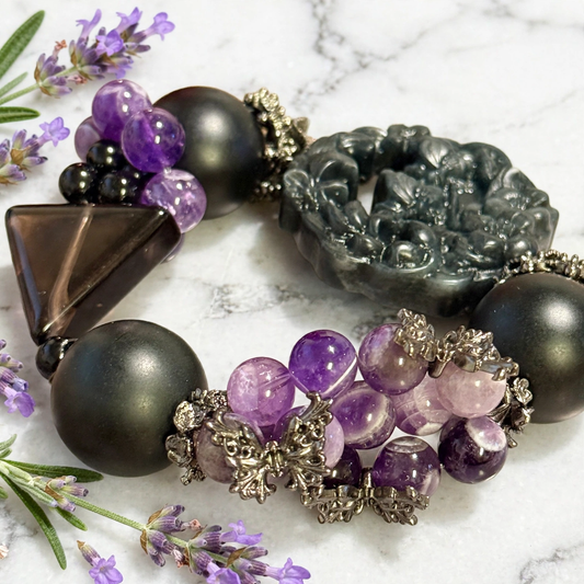 Amethyst & Smoky Quartz Bracelet with Matte Black Onyx and Carved Obsidian Butterfly, 5.5 in