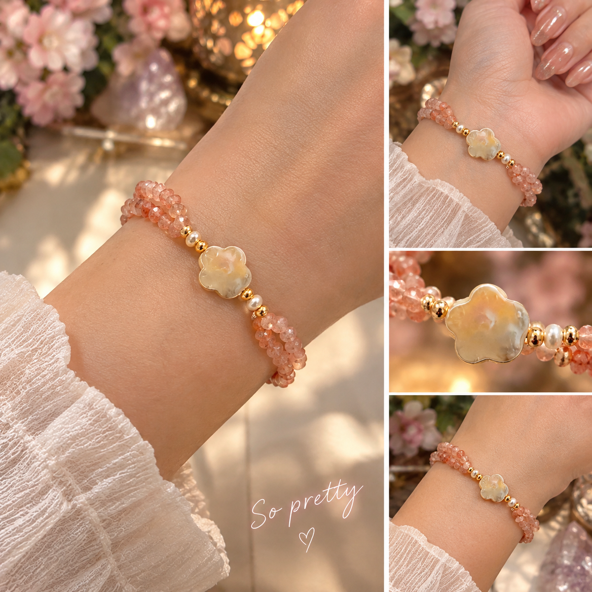 Blush-pink beaded flower bracelet being adjusted on a wrist beside a vanity