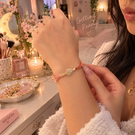 Blush-pink clustered bead bracelet with a pale flower centerpiece and gold-tone accents, shown on the wrist in multiple views