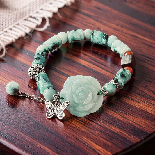 Hand Carved Jade Rose Flower Bracelet with Butterfly Charm