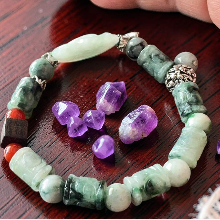 Hand Carved Jade Rose Flower Bracelet with Butterfly Charm