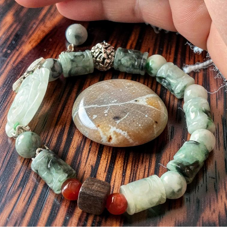 Hand Carved Jade Rose Flower Bracelet with Butterfly Charm