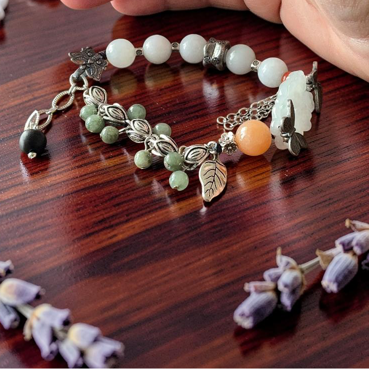 Water Jade Hand Carved Sakura Flower Bracelet with Butterfly Charms & Orange Agate