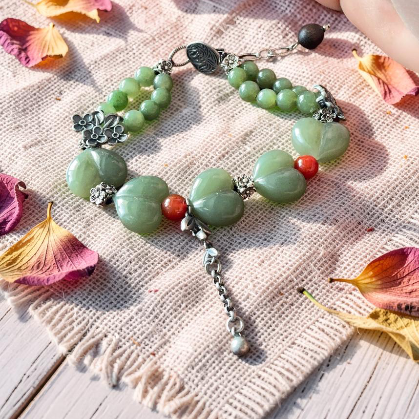 Green Jade Hand Carved Heart Bracelet with Silver Floral Accents
