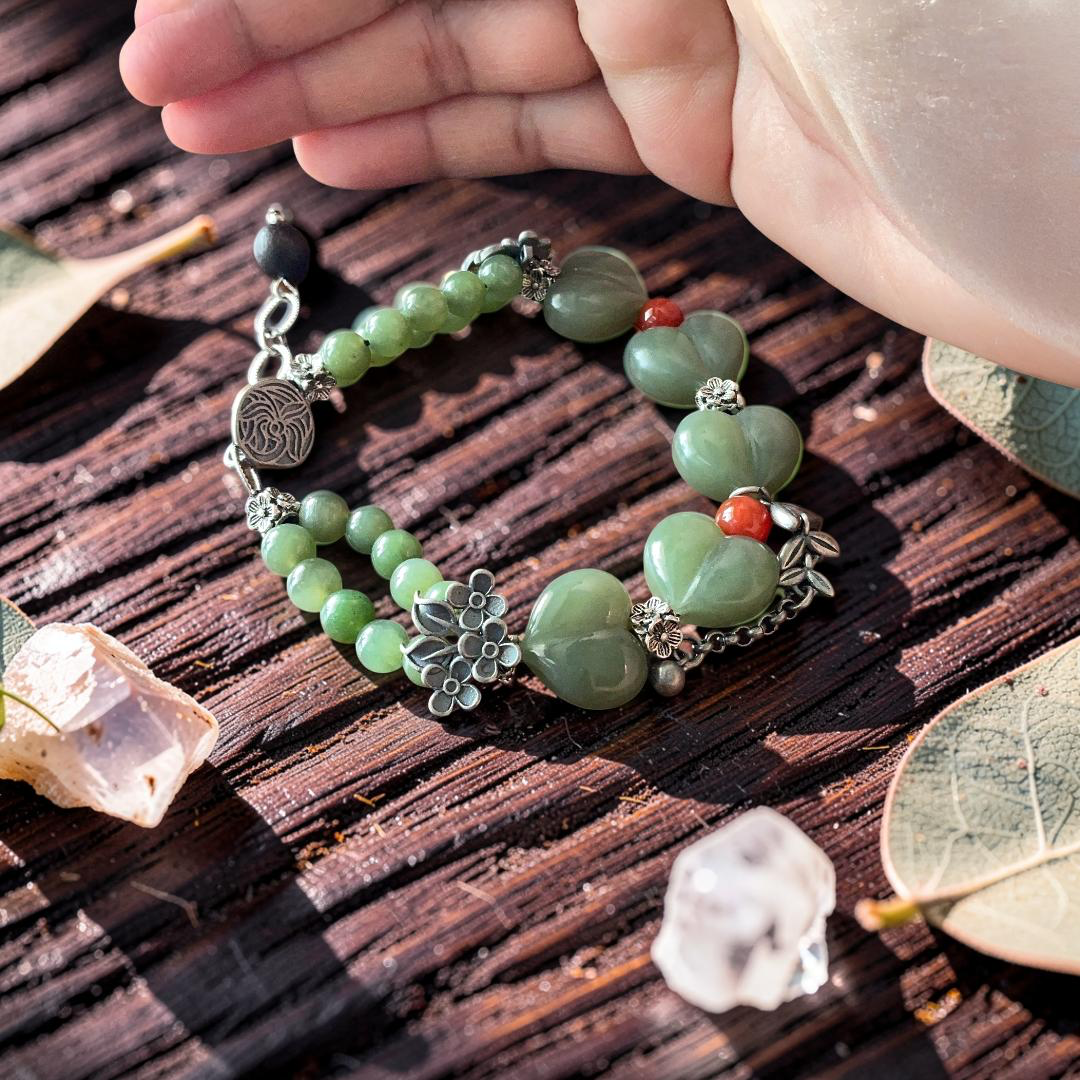 Green Jade Hand Carved Heart Bracelet with Silver Floral Accents