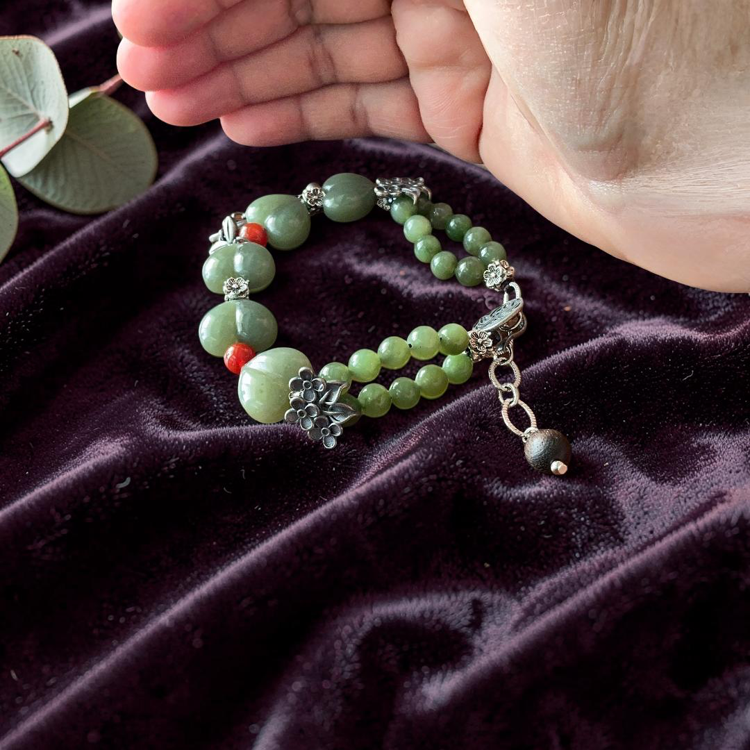 Green Jade Hand Carved Heart Bracelet with Silver Floral Accents