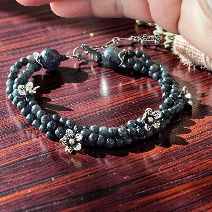 Dark Jade Double Strand Bracelet with Silver Floral Charms & Hulu Pendant