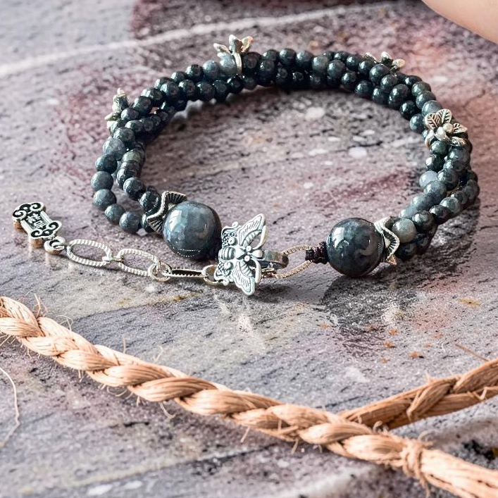 Dark Jade Double Strand Bracelet with Silver Floral Charms & Hulu Pendant