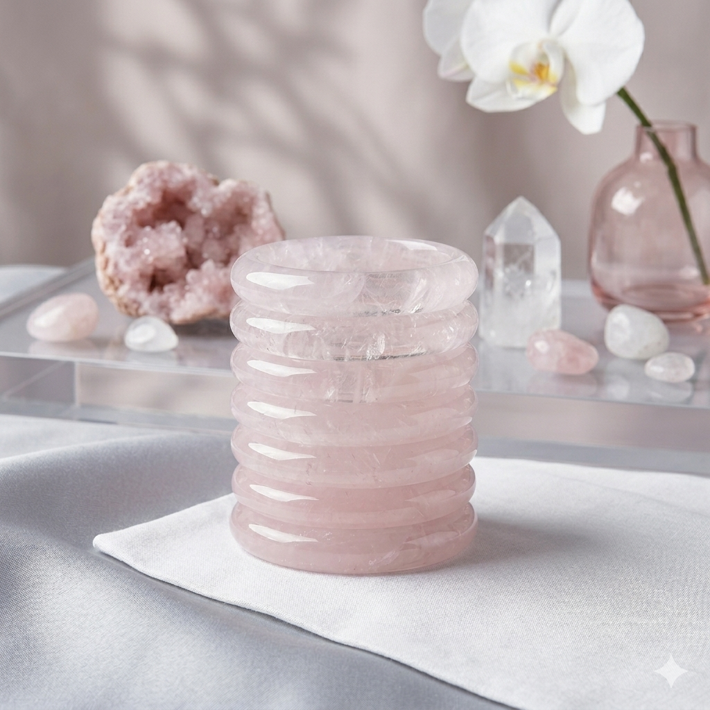 Pink crystal vase on a white surface with crystals and an orchid in the background