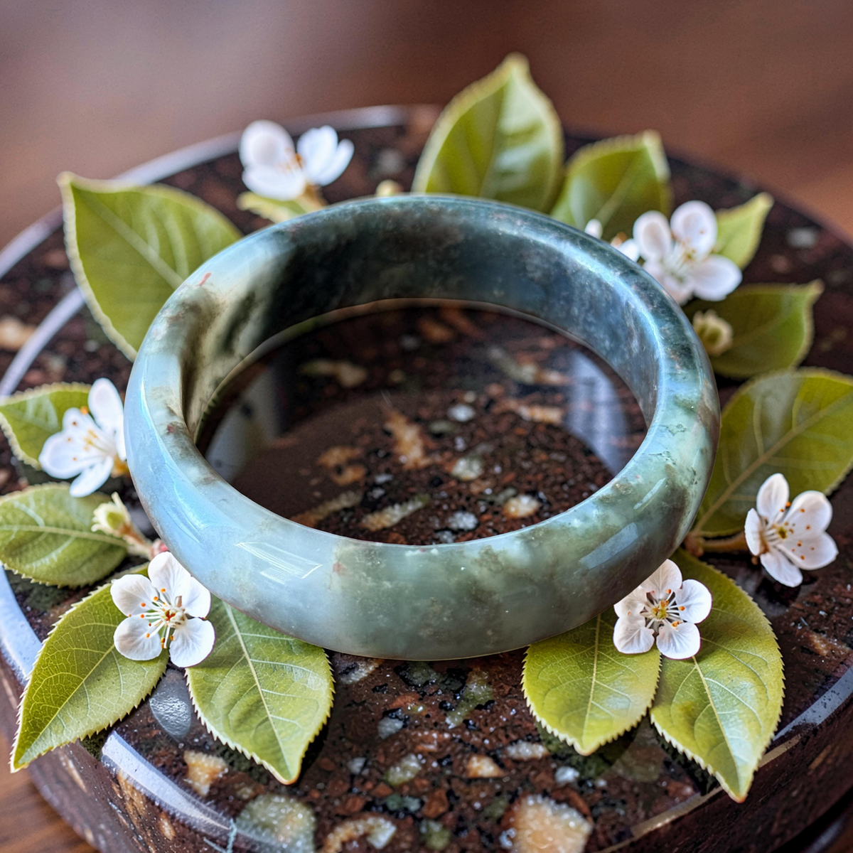 Green Moss Agate Bangle Bracelet | Natural Gemstone | Sizes 58–62mm