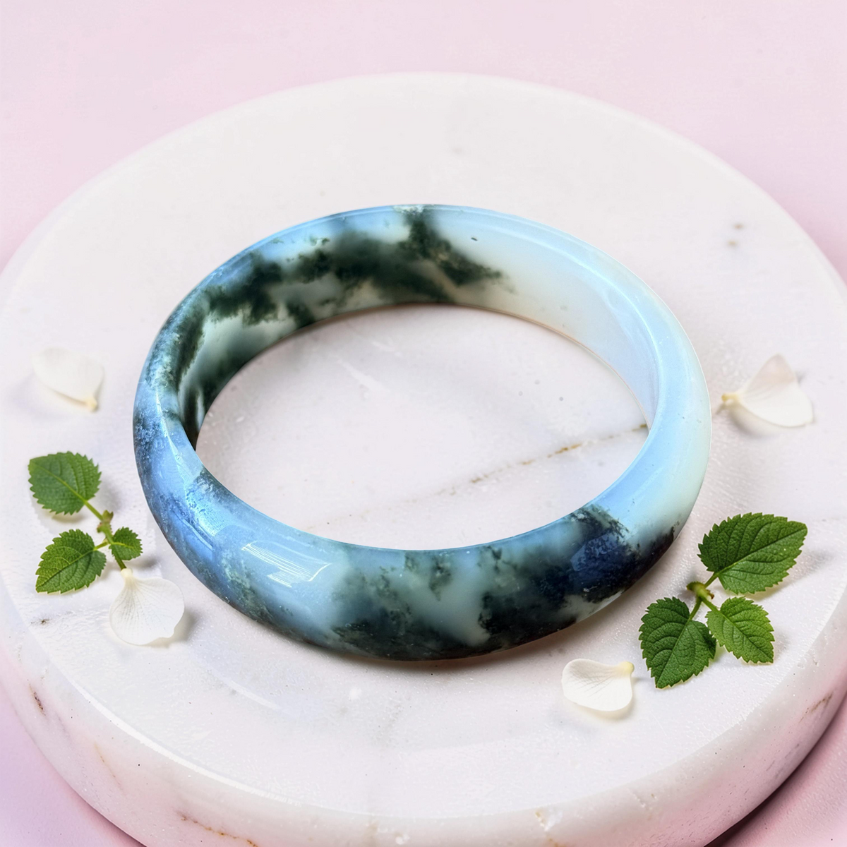 Green Moss Agate Bangle Bracelet | Natural Gemstone | Sizes 58–62mm
