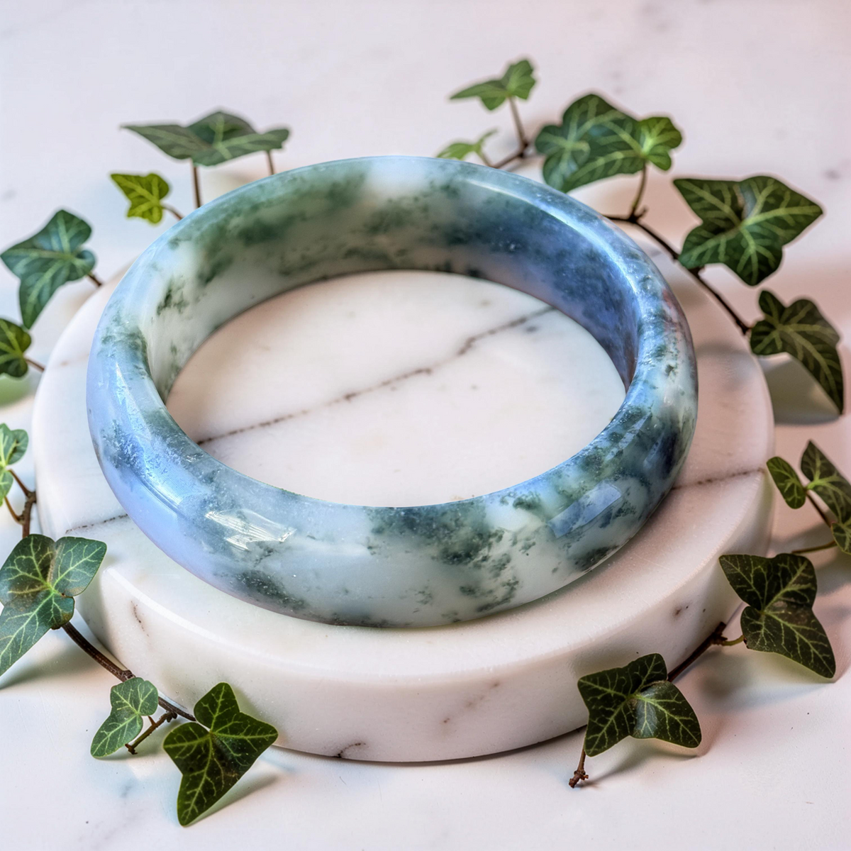 Green Moss Agate Bangle Bracelet | Natural Gemstone | Sizes 58–62mm