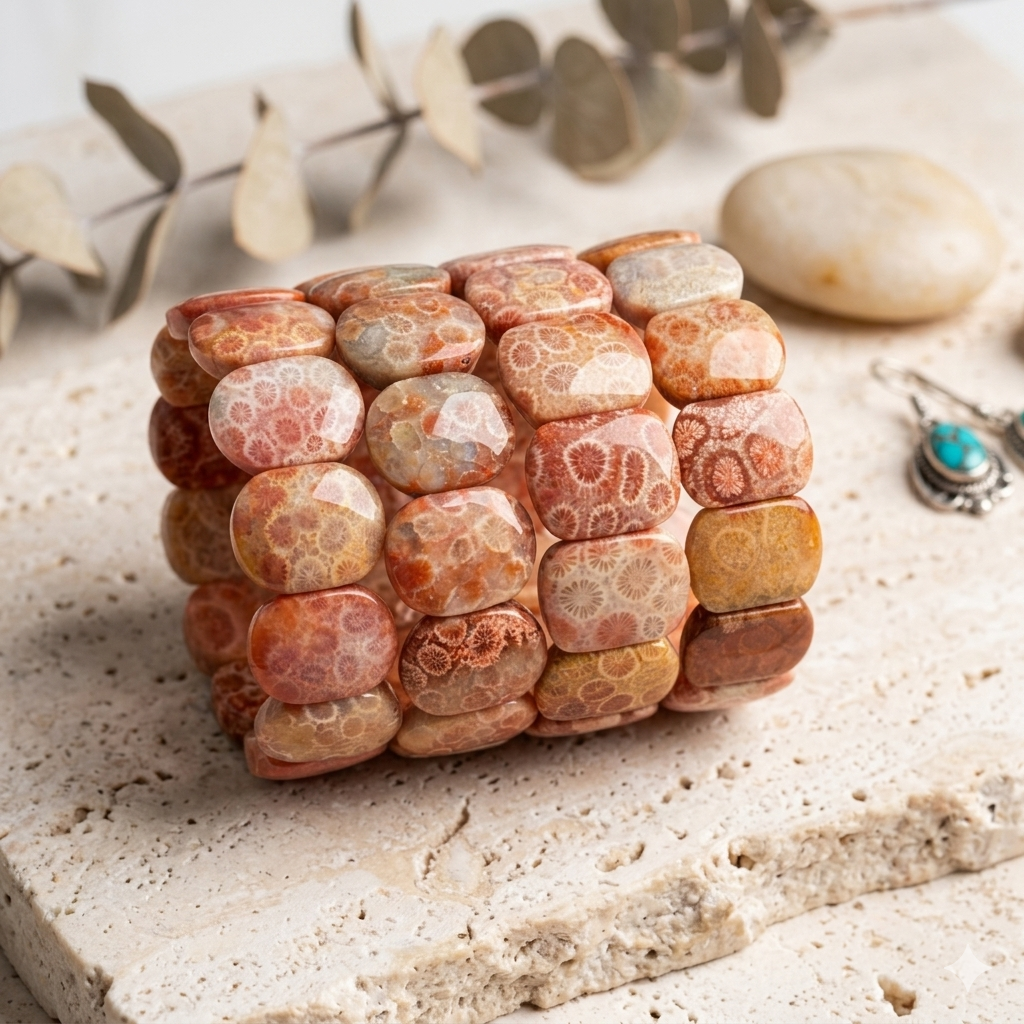 Fossil Coral Gemstone Bangle Bracelet | Wide Cuff Stackable Statement Bracelet
