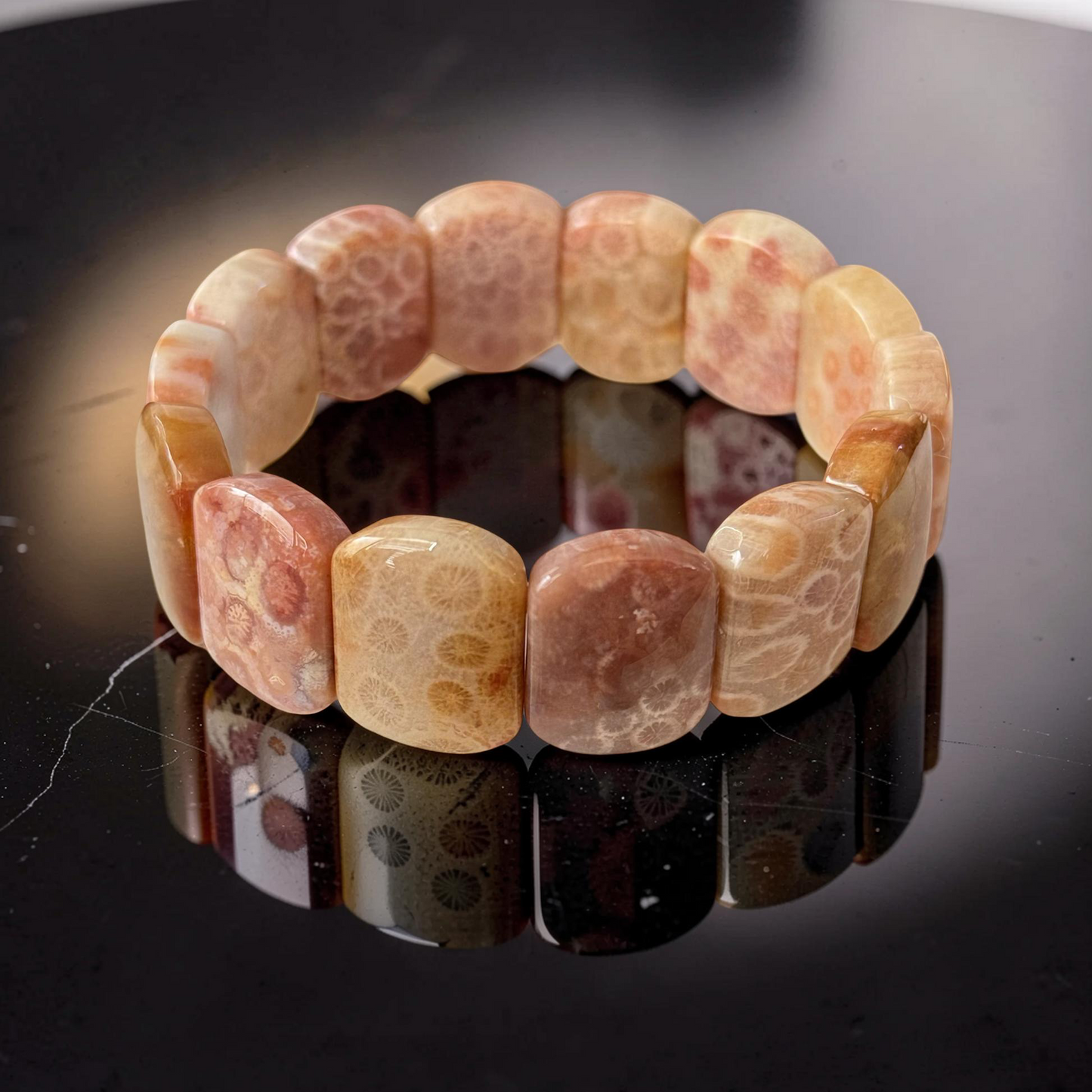 Fossil Coral Gemstone Bangle Bracelet | Wide Cuff Stackable Statement Bracelet