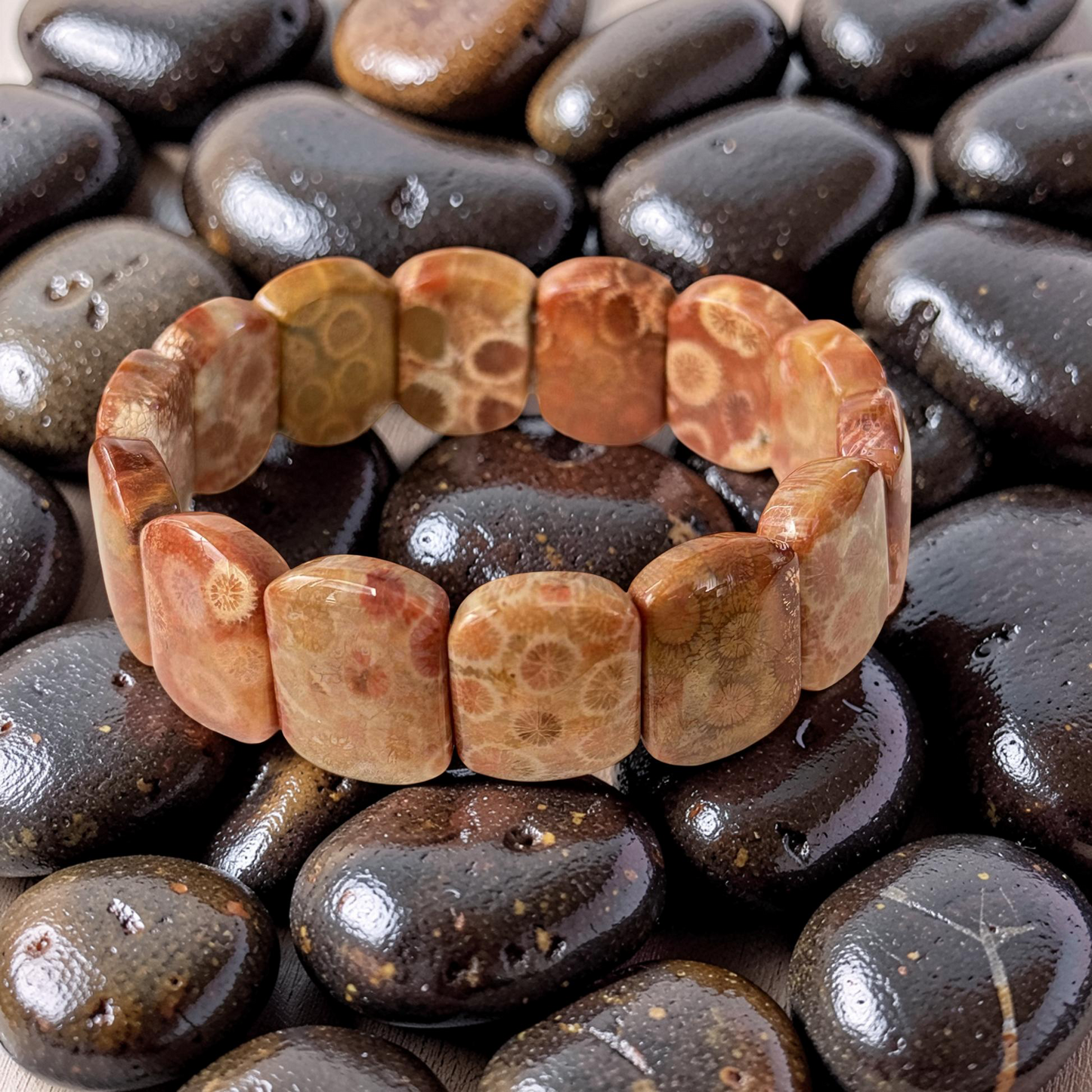 Fossil Coral Gemstone Bangle Bracelet | Wide Cuff Stackable Statement Bracelet