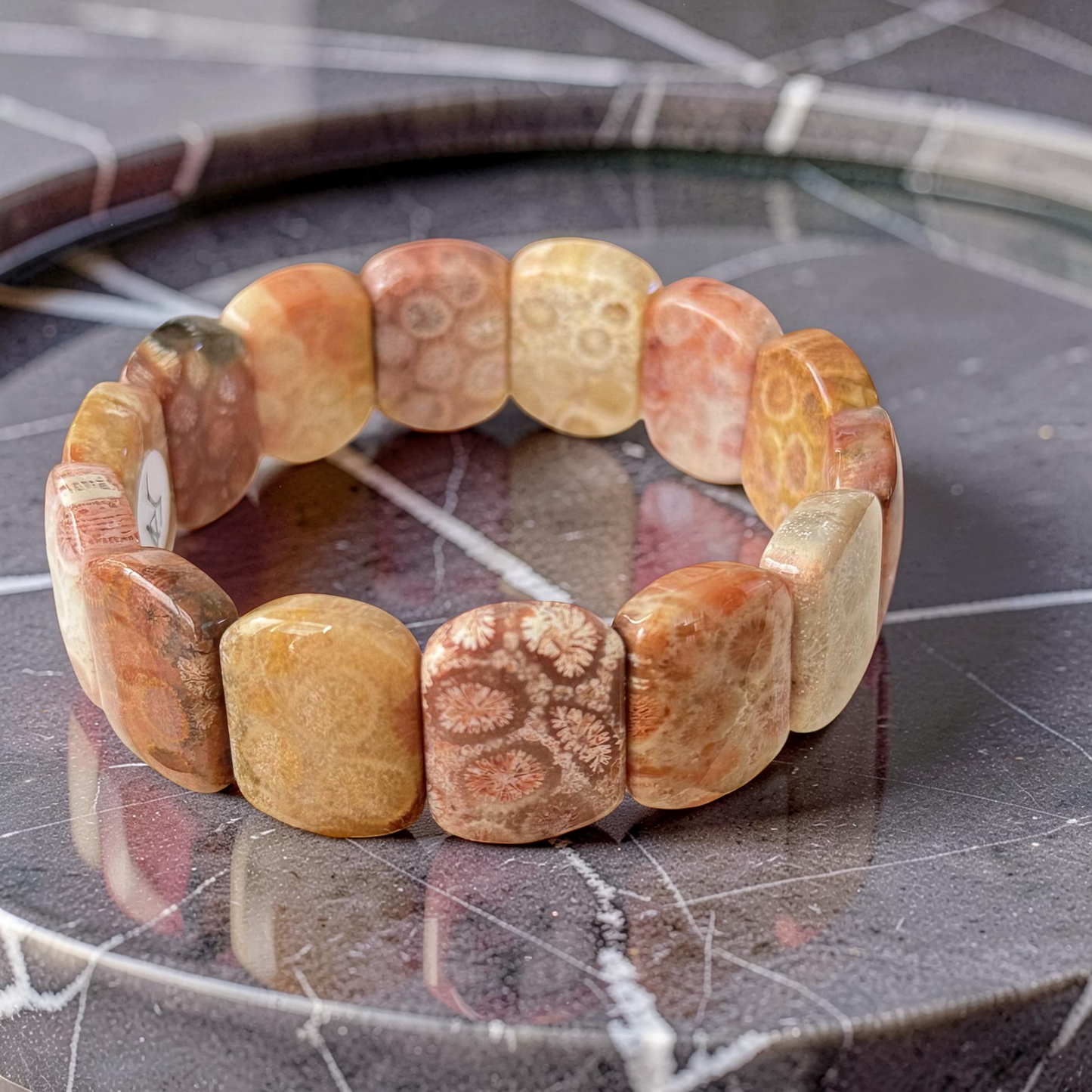 Fossil Coral Gemstone Bangle Bracelet | Wide Cuff Stackable Statement Bracelet