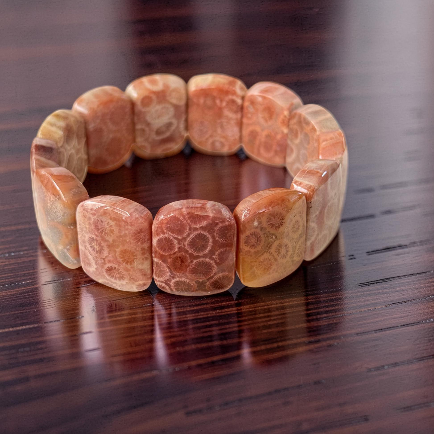 Fossil Coral Gemstone Bangle Bracelet | Wide Cuff Stackable Statement Bracelet