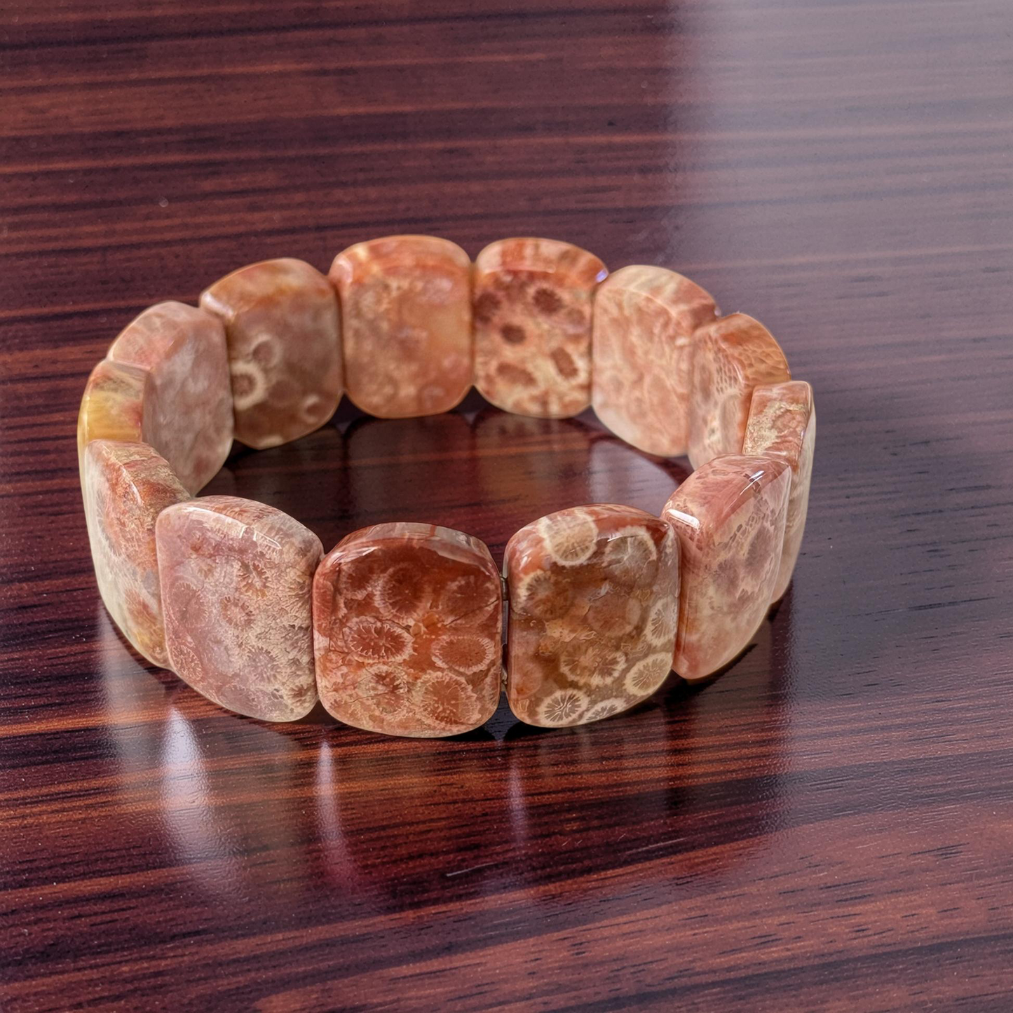 Fossil Coral Gemstone Bangle Bracelet | Wide Cuff Stackable Statement Bracelet