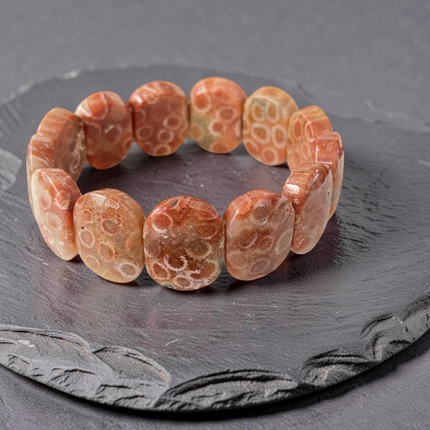 Fossil Coral Gemstone Bangle Bracelet | Wide Cuff Stackable Statement Bracelet