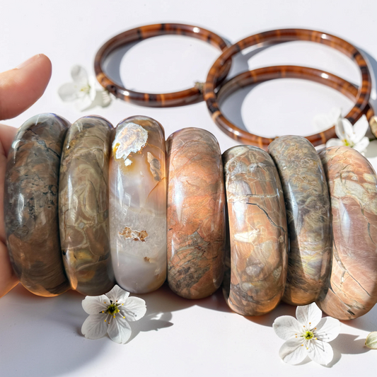 Small to Large Wrist, Brown Agate Bangle Bracelet - Natural Gemstone Jewelry - Elegant Translucent Stone Accessory - Natural Crystal GEO