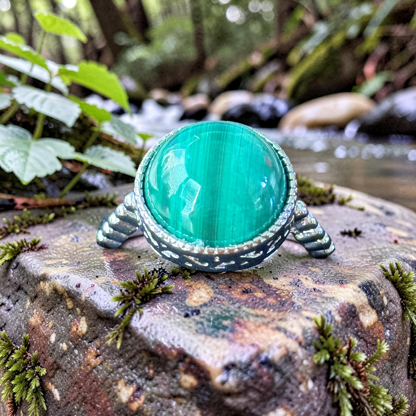 Adjustable Malachite Crystal Stainless Steel Ring