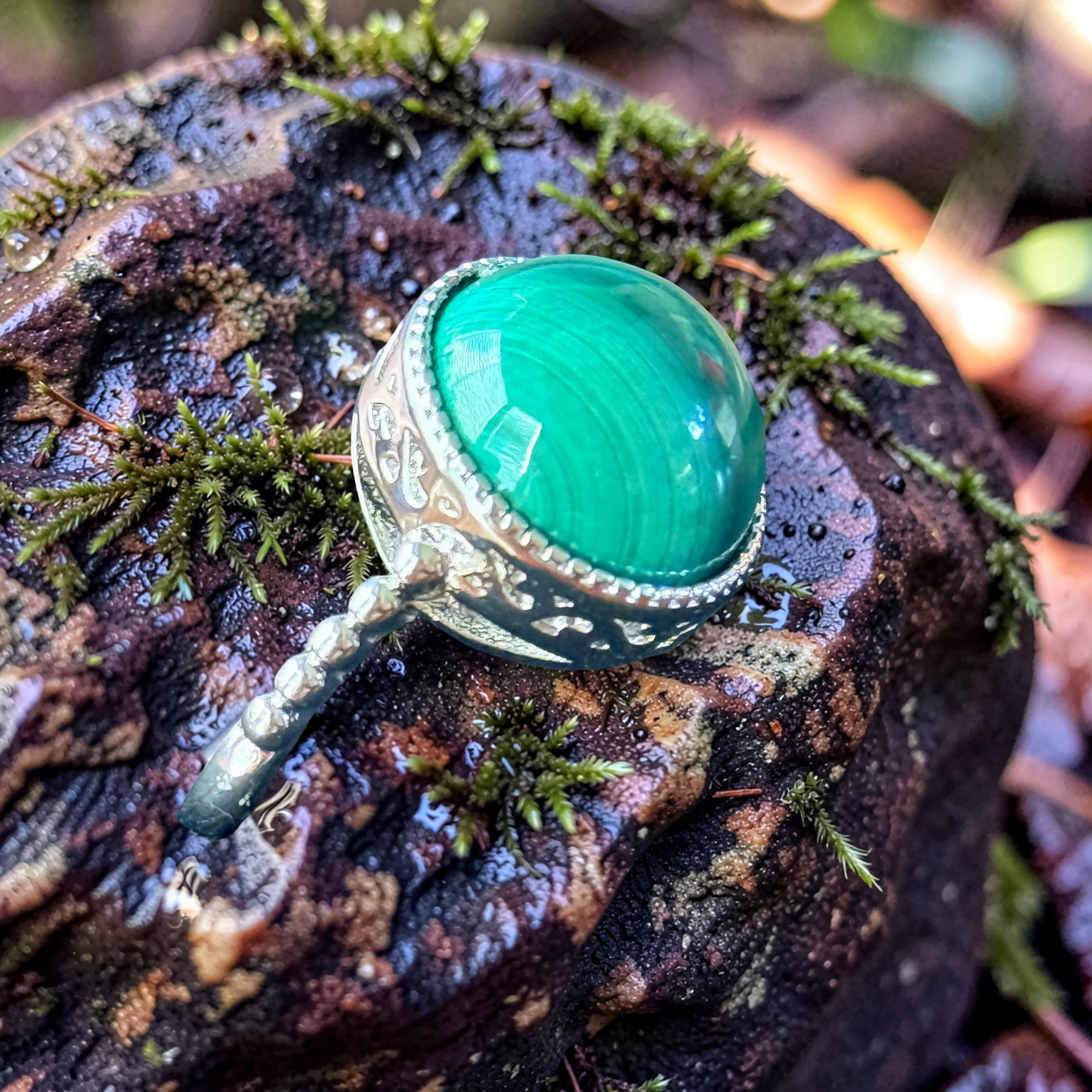 Adjustable Malachite Crystal Stainless Steel Ring