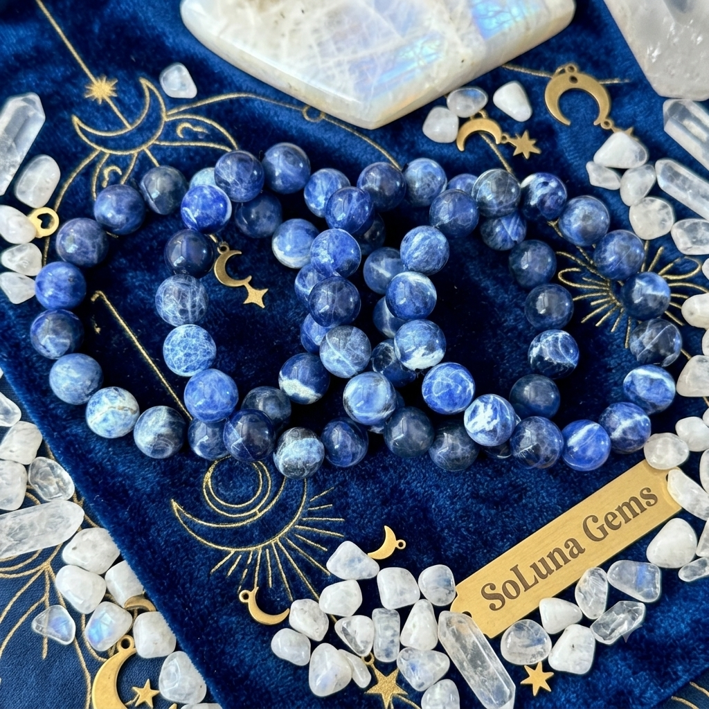 Natural Sodalite Bracelet 12mm | Blue Crystal Beaded Stretch Bracelet
