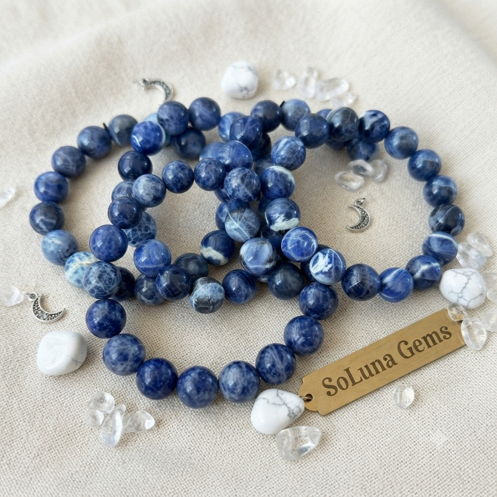 Natural Sodalite Bracelet 12mm | Blue Crystal Beaded Stretch Bracelet