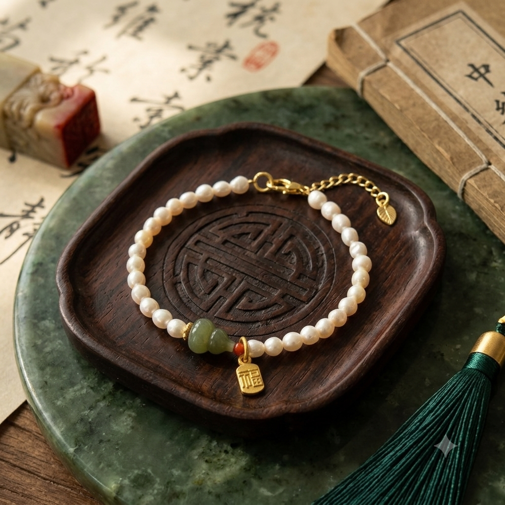 Pearl and jade gourd bracelet on carved wooden tray with Chinese calligraphy backdrop