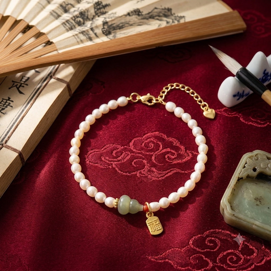 Pearl and jade bracelet worn on wrist against gold silk fabric