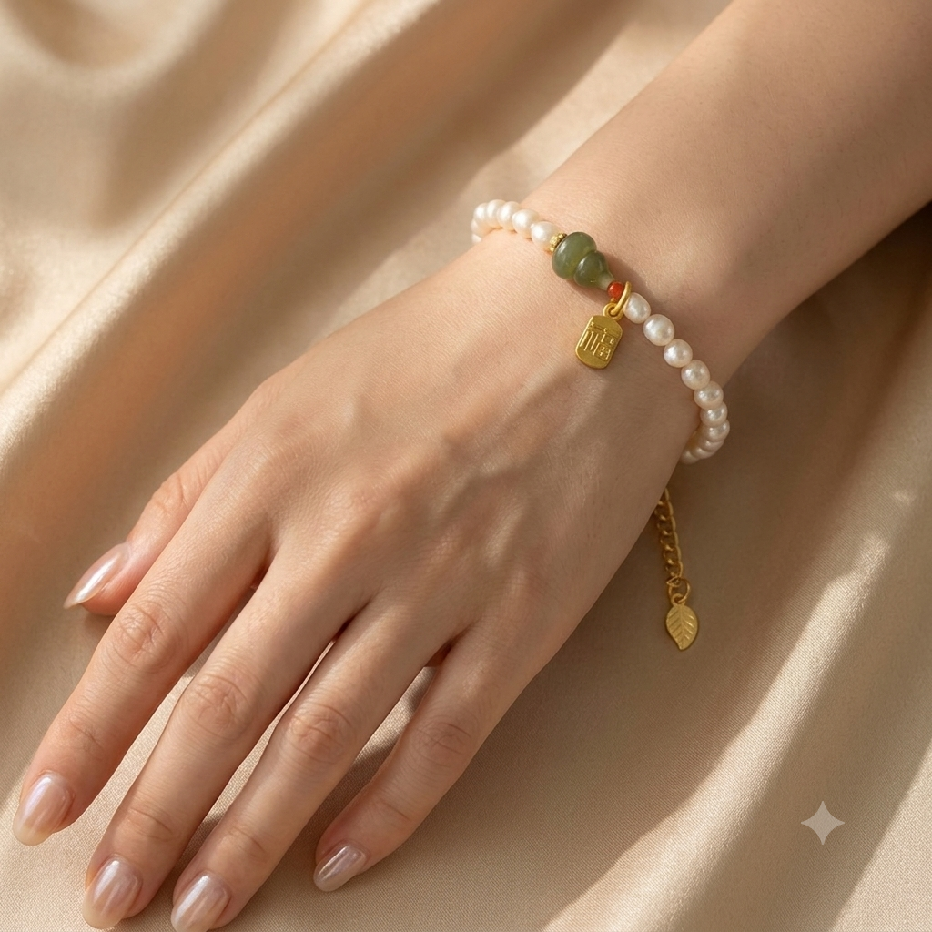 Pearl and jade gourd bracelet on red embroidered silk with Chinese fan and ink brush