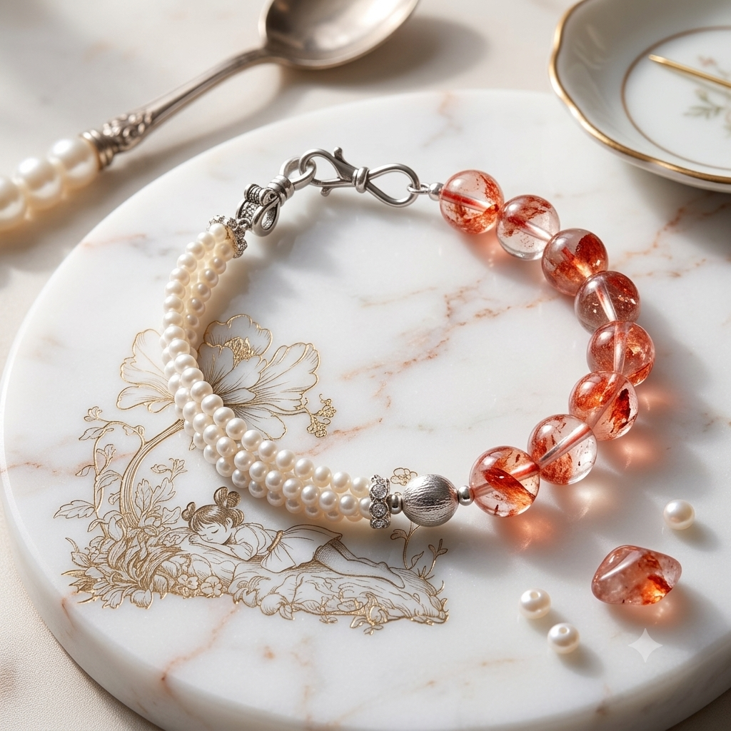 Fire quartz and pearl dual-strand bracelet on pink floral background