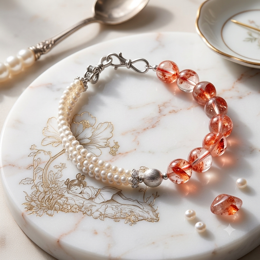 Fire quartz and pearl dual-strand bracelet on pink floral background