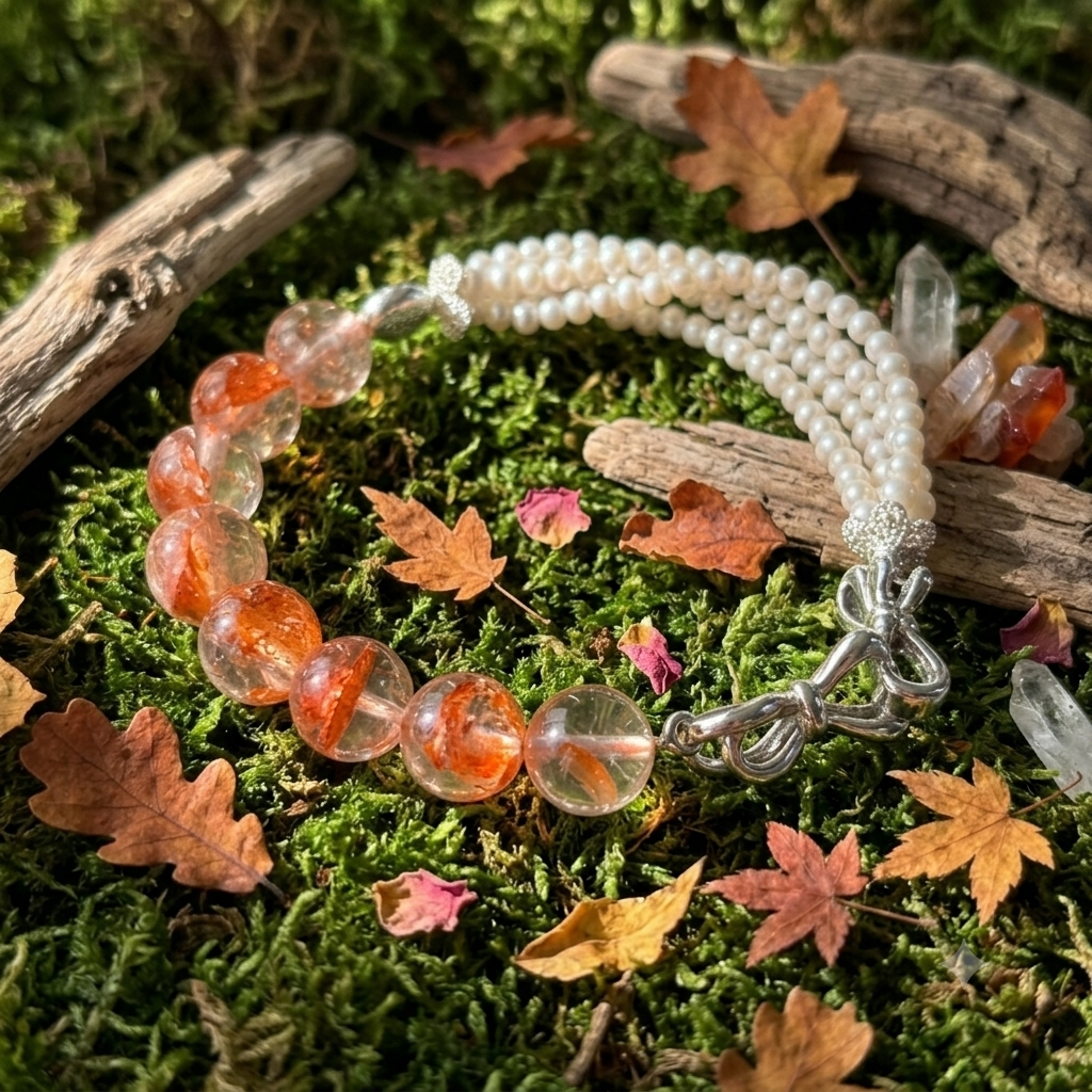 Fire quartz and pearl bracelet laid flat on agate stone slice