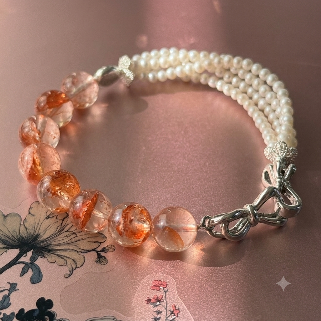 Fire quartz and pearl bracelet on mossy forest floor with autumn leaves and crystals