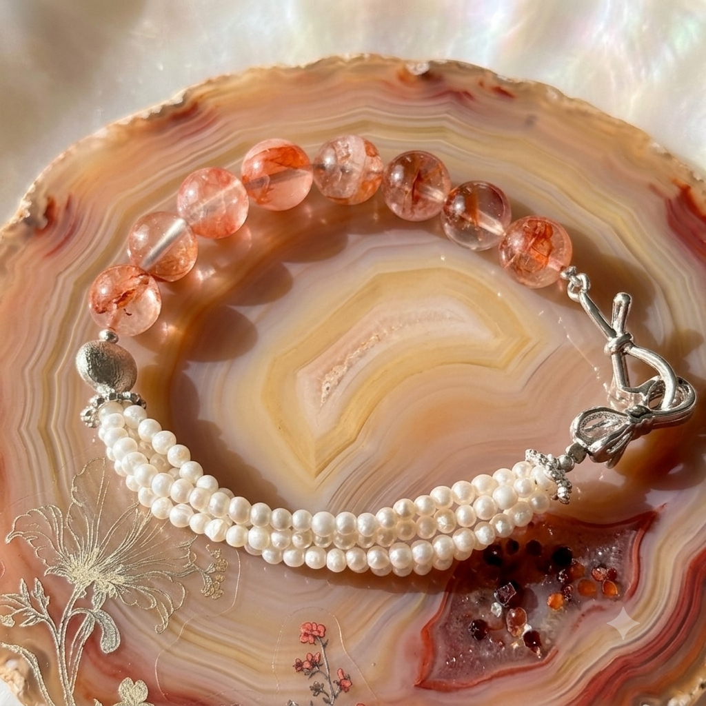 Fire quartz and pearl bracelet on marble tray with silver spoon and floral illustration